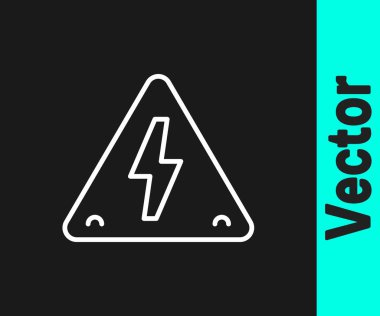 Beyaz çizgi yüksek gerilim işareti simgesi siyah arkaplanda izole edildi. Tehlike sembolü. Üçgendeki ok. Uyarı simgesi. Vektör