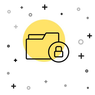 Siyah çizgi dizini ve kilit simgesi beyaz arkaplanda izole edildi. Kapalı dosya ve asma kilit. Güvenlik, güvenlik, koruma kavramı. Rastgele dinamik şekiller. Vektör