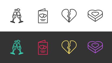 Bir kadeh şampanya, sevgililer günü broşürü, kırık kalp ya da boşanma ve Candy şeklinde siyah beyaz kutular. Vektör