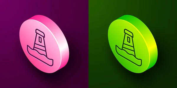 Ізометрична Лінія Маяк Значок Ізольований Фіолетовому Зеленому Тлі Кнопка Кола — стоковий вектор