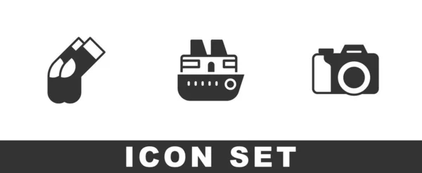 Set Sokken Cruiseschip Fotocamera Icoon Vector — Stockvector