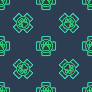 Çizgi Veterinerlik Kliniği sembolü mavi arka planda izole edilmiş kusursuz desen. Çapraz hastane işareti. Tarz sahibi bir köpek ya da kedi. Evcil hayvan ilk yardım işareti. Vektör