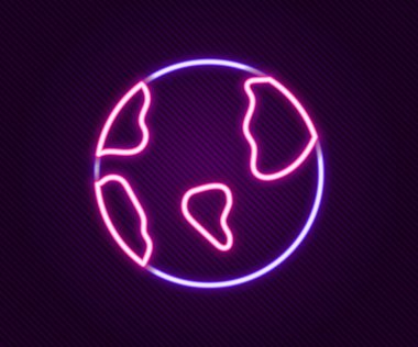 Parlayan neon çizgisi Dünya ikonu siyah arka planda izole edildi. Dünya ya da Dünya işareti. Küresel internet sembolü. Geometrik şekiller. Renkli taslak konsepti. Vektör
