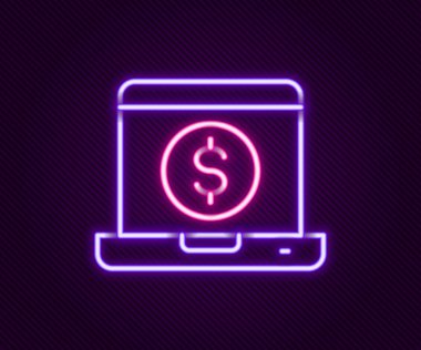 Siyah arkaplanda dolar simgesi olan parlak neon hattı dizüstü bilgisayar. Dünyanın her yerine para göndermek, para transferi, online bankacılık, finansal işlemler. Renkli taslak konsepti. Vektör