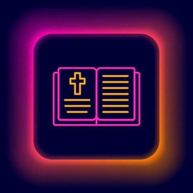 Parlayan neon hattı kutsal kitap ikonu siyah arka planda izole edildi. Renkli taslak konsepti. Vektör
