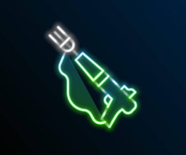 Parlayan neon hattı Balıkçılık zıpkını simgesi siyah arkaplanda izole edildi. Suyun altında balık yakalamak için balıkçılık üreticileri. Su altı ekipmanları. Renkli taslak konsepti. Vektör