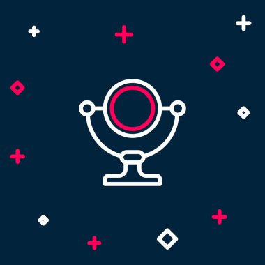 Mavi arkaplanda çizgi yuvarlak makyaj aynası simgesi izole edildi. Renkli taslak konsepti. Vektör