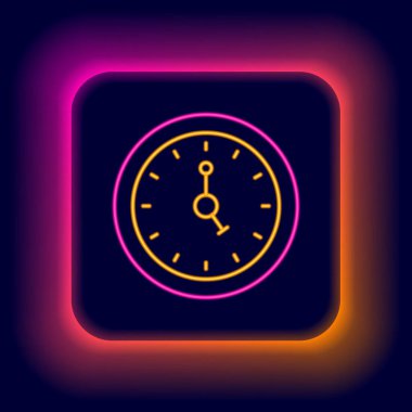 Parlayan neon çizgi saat simgesi siyah arkaplanda izole edildi. Zaman sembolü. Renkli taslak konsepti. Vektör