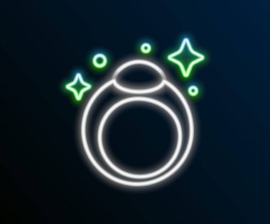 Parlak neon hattı fantezi taşı yüzük ve siyah arka planda izole edilmiş mücevher ikonu. Renkli taslak konsepti. Vektör