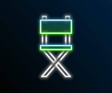 Parlayan neon hattı yönetmen koltuğu simgesi siyah arkaplanda izole edildi. Film endüstrisi. Renkli taslak konsepti. Vektör