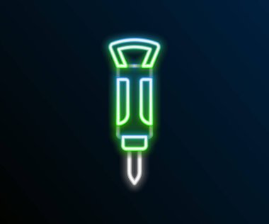 Parlayan neon hattı inşaat kaya matkabı simgesi siyah arka planda izole edildi. Renkli taslak konsepti. Vektör