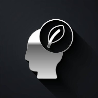 Siyah arkaplanda yaprak olan gümüş insan kafası. Uzun gölge tarzı. Vektör.