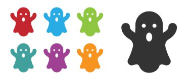 Siyah Hayalet simgesi beyaz arkaplanda izole edildi. Mutlu Cadılar Bayramı Partisi. Simgeleri renklendirin. Vektör