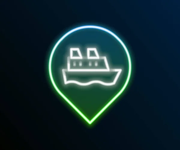 ネオンラインを輝く黒の背景に隔離されたクルーズ船のアイコンがある場所 旅行観光航海輸送 旅客船 クルーズライナー カラフルなアウトラインコンセプト ベクトル — ストックベクタ