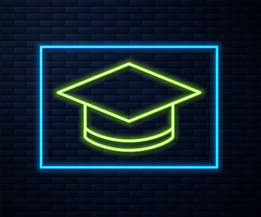 Parlayan neon hattı Mezuniyet simgesi tuğla duvar arka planında izole edildi. Tassel ikonlu mezuniyet şapkası. Vektör.