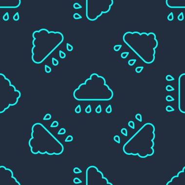 Yağmur ikonlu yeşil çizgi bulutu mavi arka planda izole edilmiş pürüzsüz desen. Yağmur damlaları ile yağmur bulutu yağışı. Vektör