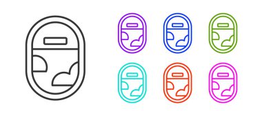 Black line Airplane window icon isolated on white background. Aircraft porthole. Set icons colorful. Vector