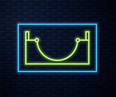 Parlayan neon hattı kaykay parkı ikonu tuğla duvar arka planında izole edildi. Rampa seti, paten parkı için merdiven. Olağanüstü bir spor. Vektör