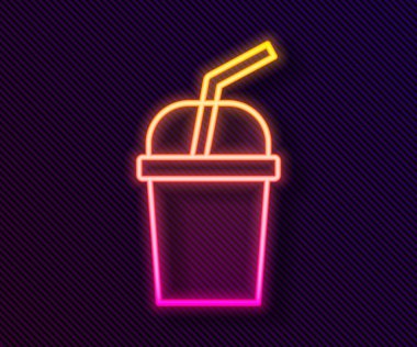 Siyah zemin üzerinde saman ve su ikonu olan parlak neon şeritli kağıt bardak. Soda bardağı. Taze soğuk içecek sembolü. Vektör