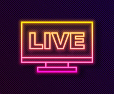 Glowing neon line Live streaming online videogame play icon isolated on black background.  Vector