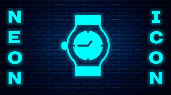 Gloeiende Neon Polshorloge Pictogram Geïsoleerd Baksteen Muur Achtergrond Een Horloge — Stockvector