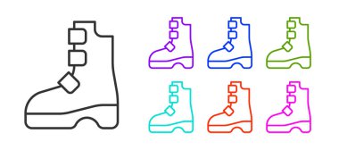 Siyah çizgi Kadim Viking bot simgesi beyaz arka planda izole edildi. Eski zamanların geleneksel kıyafetleri ve aksesuarları. Simgeleri renklendirin. Vektör