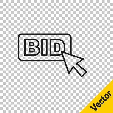 Şeffaf arkaplanda siyah çizgi teklif simgesi izole edildi. Açık arttırma teklifi. Satış ve alıcılar. Vektör