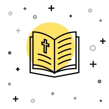 Siyah çizgi. Kutsal İncil ikonu beyaz arka planda izole edilmiş. Rastgele dinamik şekiller. Vektör