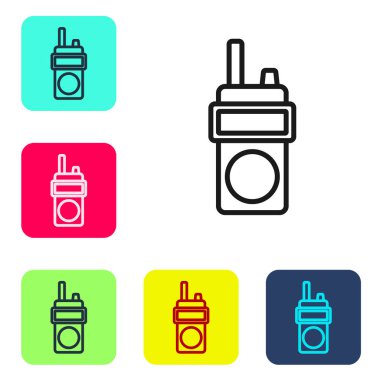 Beyaz arkaplanda siyah çizgi telsiz ikonu izole edildi. Taşınabilir radyo vericisi simgesi. Radyo alıcı-vericisi işareti. Renkli kare düğmelerle simgeleri ayarla. Vektör