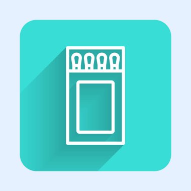 Beyaz çizgi kibrit kutusunu aç ve uzun gölge arkaplan ile izole edilmiş simgeyi eşleştir. Yeşil kare düğmesi. Vektör