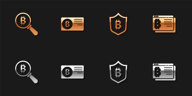 Büyüteci Bitcoin, kredi kartı bitcoin, Shield ve tarayıcı simgesi ile ayarla. Vektör.