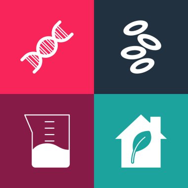 Pop Art Eko Dost Evi, Labaratuvar cam veya deney tüpü, hemoglobin ve DNA sembolü ikonu ayarla. Vektör