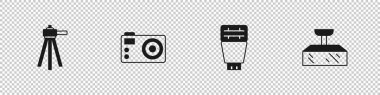 Tripod, fotoğraf makinesi, flaş ve Softbox ışık simgesini ayarla. Vektör