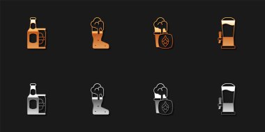 Bira şişesi ve bira kutusu, bot camı, bir bardak bira ve musluk ikonu. Vektör