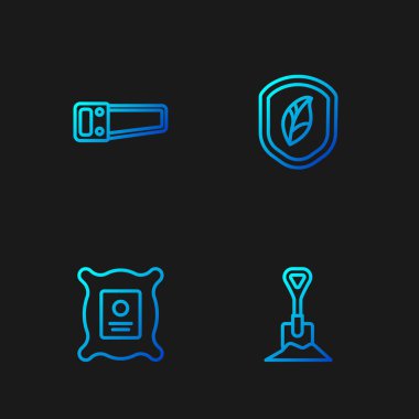 Toprağa kürek, tohum tohumu, el testeresi ve yapraklı kalkan koyun. Renk simgeleri. Vektör.