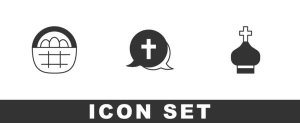 Set Basket Easter Eggs Christian Cross Church Tower Icon Vector — Stock Vector
