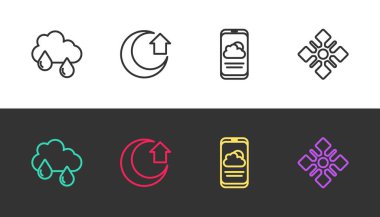 Bulut 'u yağmur, ay, hava tahmini ve kar tanesi ile siyah beyaz üzerine ayarla. Vektör.
