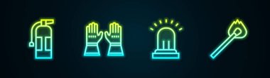 Yangın söndürme tüpü, itfaiye eldivenleri, alarm zili ve yangın söndürme kibriti. Parlayan neon ikonu. Vektör.