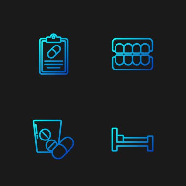 Yatak, ilaç hapı ya da tablet, reçete ve sahte çene. Renk simgeleri. Vektör.