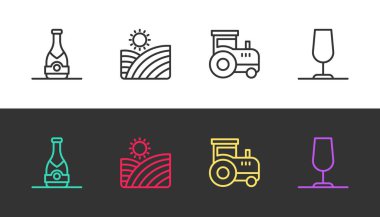 Şampanya şişesi, üzüm bağları, traktör ve şarap kadehleri siyah beyaz. Vektör.