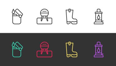 Hafif Barbekü Izgara Su geçirmez Lastik bot ve Kamp Feneri 'ni siyah beyaza ayarlayın. Vektör.