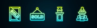 Açık artırma tablosu antik vazo ve mezatçı satar. Parlayan neon ikonu. Vektör.