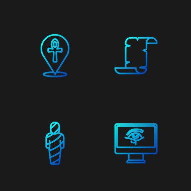 Horus 'un Gözü' nü Mısır 'daki mumya Haçı Ankh ve Papyrus parşömenlerini izlemeye al. Renk simgeleri. Vektör.