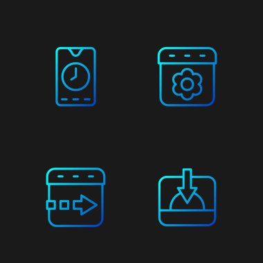 Saat Alarm uygulamasında ve Takvim yayında Sunset Time satırını ayarla. Renk simgeleri. Vektör.