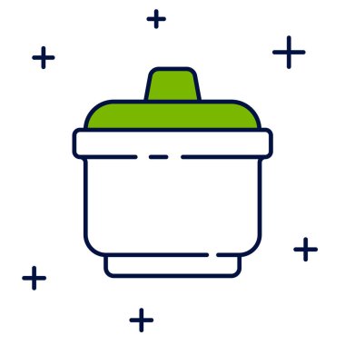 Beyaz arkaplanda izole edilmiş ana hatlı tencere ikonu. Haşlama ya da güveç besin sembolü. Vektör