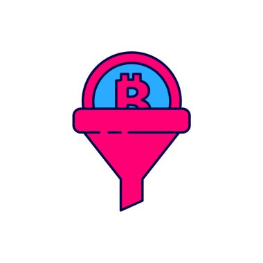 Beyaz arka planda izole edilmiş bitcoin simgesi ile ana hatlı satış hunisi. Bilgi şablonu. Vektör