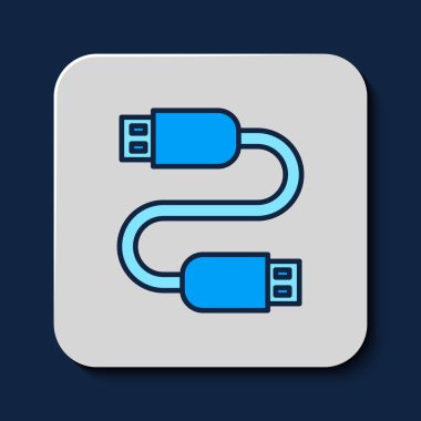 Filled outline USB cable cord icon isolated on blue background. Connectors and sockets for PC and mobile devices.  Vector