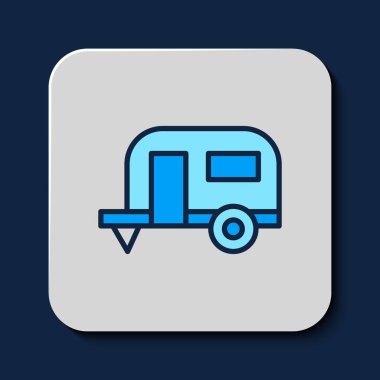 Mavi arka planda izole edilmiş ana hatlı karavan kampı simgesi. Gezici ev, karavan, yolculuk için ev karavanı. Vektör