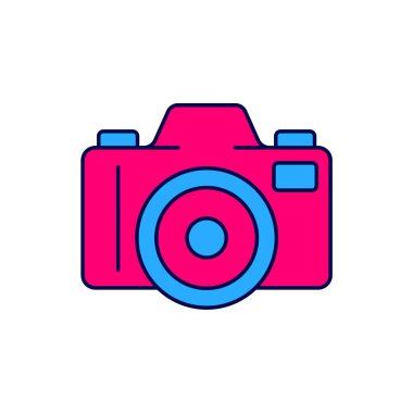 Beyaz arkaplanda izole edilmiş ana hatlı fotoğraf makinesi simgesi. Foto kamera. Dijital fotoğrafçılık. Vektör