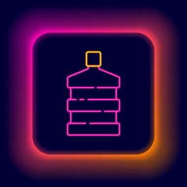 Parlayan neon hattı. Siyah zemin üzerinde temiz su ikonu olan büyük şişe. Soğutucu için plastik kap. Renkli taslak konsepti. Vektör